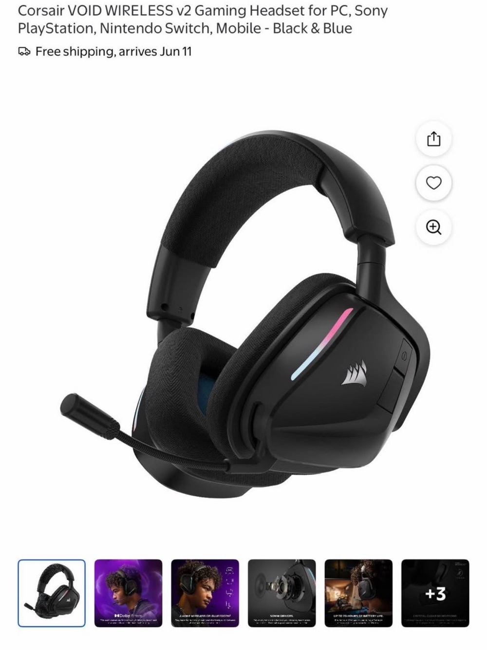 Corsair Black Gaming Headset with Pink and Blue RGB Accents